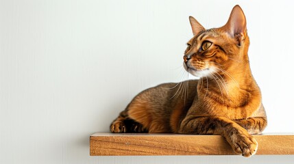 Abyssinian cat perched on a shelf, isolated on white background, alert and graceful, copy space