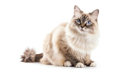 Obraz premium Birman cat with white paws, isolated on white background, sitting majestically, high key lighting