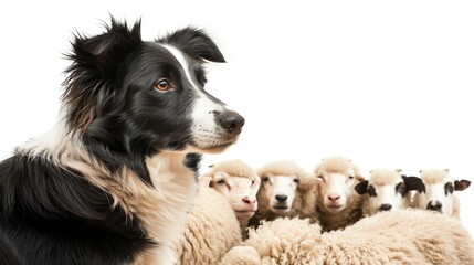 Border Collie herding sheep, isolated on white background, focused look, copy space