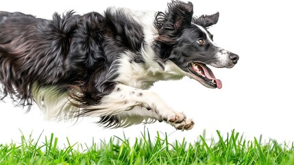 Fototapeta premium Border Collie leaping over green grass, focused on a toy, isolated on white background, action shot, copy space