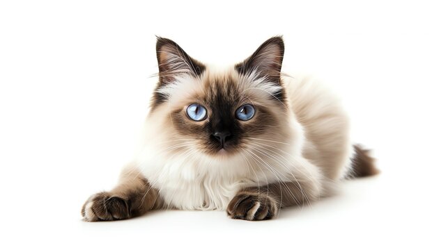 Birman cat with white paws, isolated on white background, sitting majestically, high key lighting