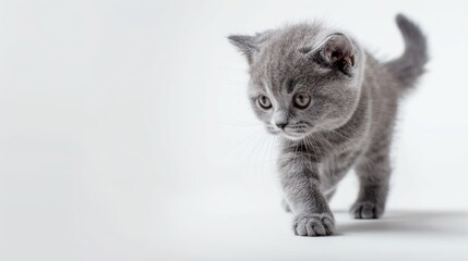 Obraz premium British Shorthair kitten exploring, isolated on white background, short plush coat, beginnerfriendly breed, soft lighting