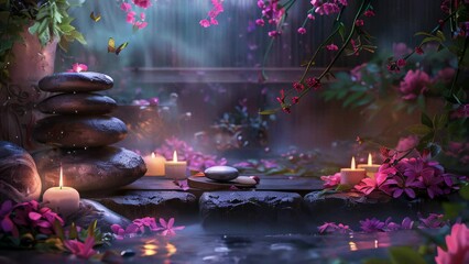 serene spa background stones and candles , water, flowers and steam, natural light, tranquil atmosphere for relaxation and meditation, spa retreats, wellness centers, relaxation spaces