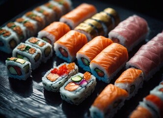 Sushi set.  A large amount of traditional Asian and Japanese food. A variety of rolls.