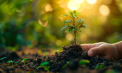 Fototapeta premium Sunshine Backdrop, Green Growing Tree, Diverse Hands Embracing Nature on Earth Day - Environmental Sustainability, Eco-Friendly Ecosystem Concept
