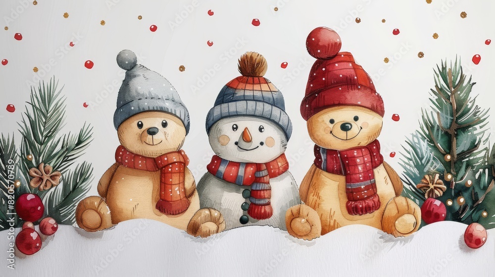Wall mural Christmas card with bear doll, snowman and Christas tree modern illustration - Wall murals