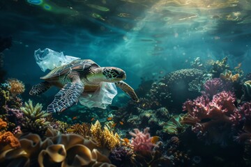 Underwater scene with a sea turtle swimming among colorful corals. The light filters through the ocean surface, illuminating the marine life.