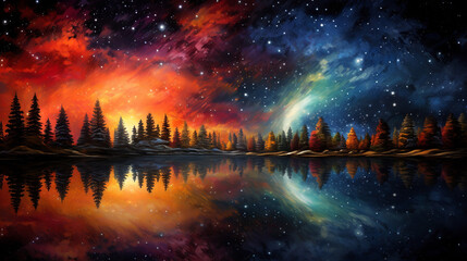Fototapeta premium Celestial painting of night sky with reflection of trees and starry sky in lake