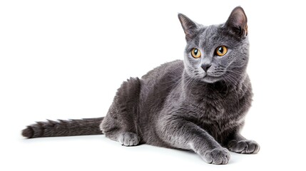 Chartreux cat with bluegrey fur, isolated on white background, sitting elegantly, copy space