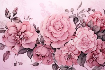 pale roses, flowers on the pink background, in the style of floral accents, subtle monochromatic tones, whimsical watercolors, elaborate borders
