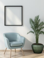 Frame mockup. Light blue chair home interior, wall poster frame. 3D render