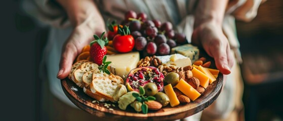 A perfectly arranged charcuterie board with cheese, crackers, nuts, fruits, and fresh herbs, held by a person in soft lighting.