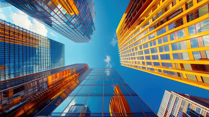 Enjoy the mesmerizing view of azure skies against a row of magnificent skyscrapers, a sight that showcases the beauty of architectural art in the real estate world