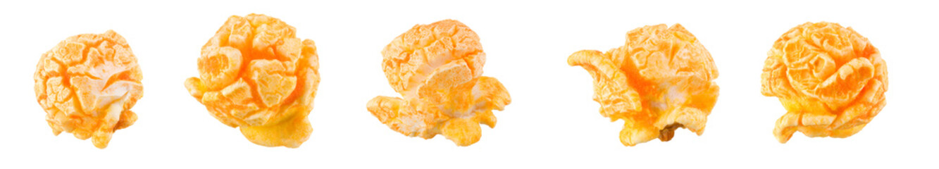 Single popped popcorn on a white background with clipping path