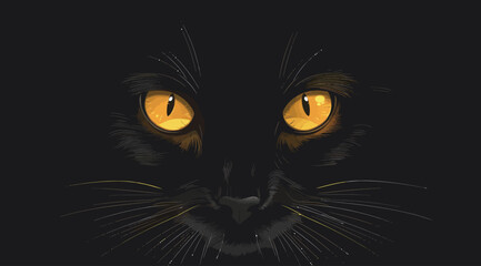 a black cat's face with glowing yellow eyes