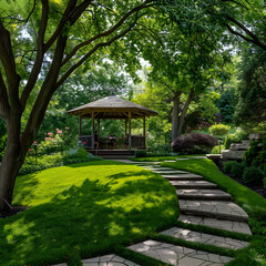 Breathtaking Yard Landscaping with Serene Pathway and Cozy Gazebo