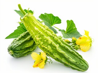 Bitter Melon: A Beautiful Contrast of Fruit and Flower in Isolation on a White Background