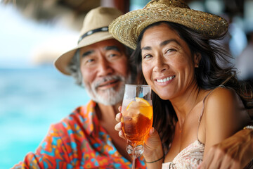Senior couple enjoying a tropical vacation with a refreshing drink.