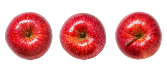 Three red apples, top view isolated on transparent background