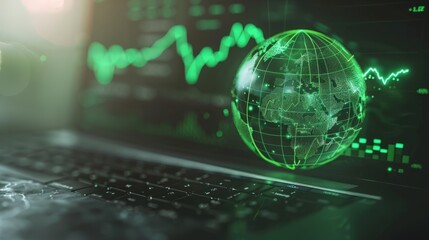 A green globe with a stock chart on the laptop screen. Green business concept. Digital sustainability. Future green energy innovation business trend.