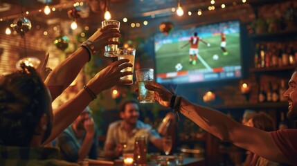 A jovial crowd of friends is raising glasses in a toast while attentively watching a soccer game on...