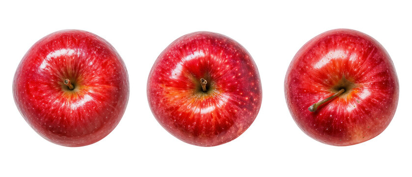 Three red apples, top view isolated on transparent background