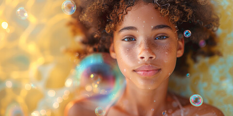 Young girl with curly hair enjoying bubbles in a swimming pool.