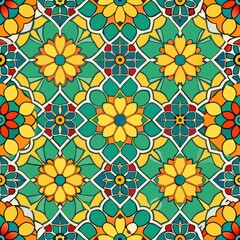 Seamless pattern of mosaic quatrefoils and rosettes, reminiscent of traditional tilework and stained glass windows, Generative AI