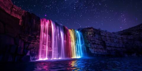 Vibrant Rainbow Waterfall Under Starry Night Sky