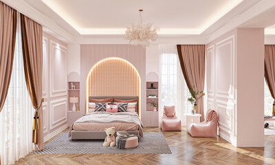Cozy stylish bedroom designed for a teenager, pink and white scheme preferred for interior