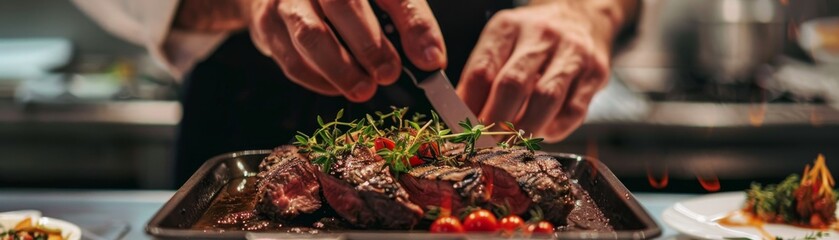 Hands arranging a beautifully grilled steak on a serving tray, garnished with herbs, emphasizing the delicious and professional presentation suitable for corporate dining