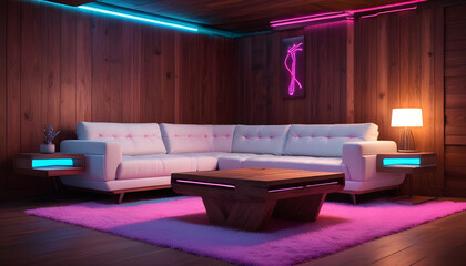 Natural wood coffee table near white corner sofa against wooden paneling wall. Minimalist interior design of modern living room.