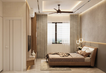 Modern minimal bedroom interior design with sunlight and a view of the city from the window