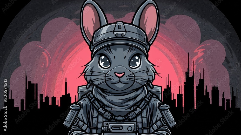 Wall mural cartoon bunny in combat suit illustration in modern format