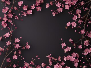 frame of flowers, square picture isolated on  black made with cherry blossoms