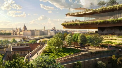 Naklejka premium cityscape with the new Museum of Ethnography. roof top garden in Budapest, Hungary. public park. design and architecture concept. modern building. generative ai.