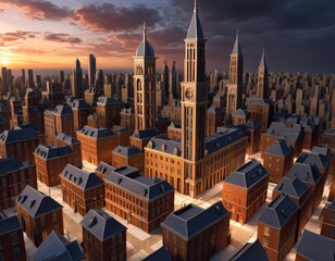 A digital art rendering of a fictional cityscape with towering gothic architecture basking in the warm glow of a sunset, evoking a sense of mystery.. AI Generation