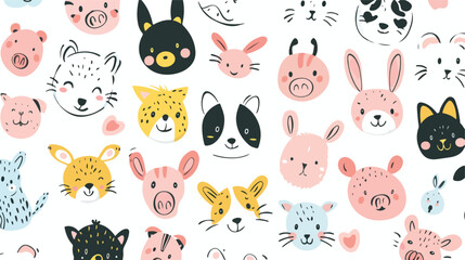 Seamless childish pattern with cute animal faces on w