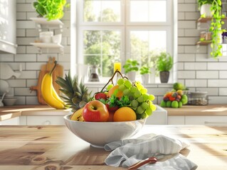 Fresh Fruit Bowl: A Bright Kitchen Scene - AR 4:3