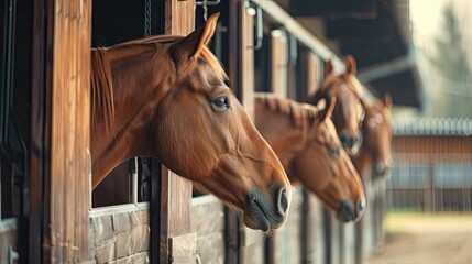 Head of horse looking over the stable doors on the background of other horses
