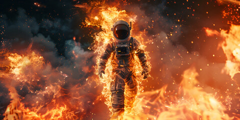 An astronaut gazes solemnly at a raging fire. 