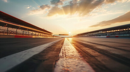 F1 race track circuit road with motion blur and grandstand stadium for Formula One racing