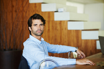 Serious, business and man in office portrait for dedication in corporate career, determination and professionalism in workplace. Businessman, relax and human resources manager for company or job.