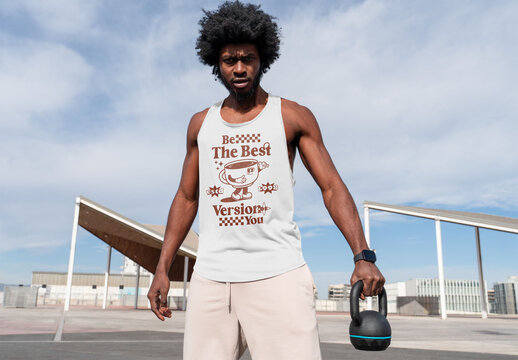 Mockup of man wearing customizable vest with kettlebell