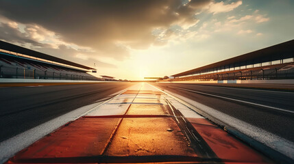 Fototapeta premium F1 race track circuit road with motion blur and grandstand stadium for Formula One racing