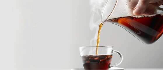 Hand pouring hot coffee from a sleek bottle into a cup, steam rising and capturing the enticing aroma, set against a white background for copy space