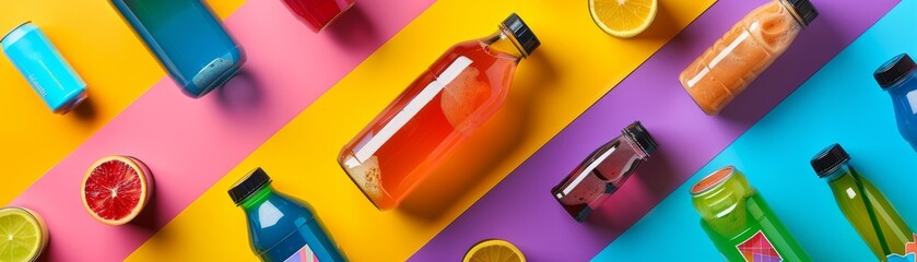 Colorful beverage bottles and cans on vibrant backgrounds with fruit slices. Bright and modern...