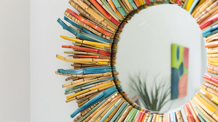 A playful straw sunburst mirror, bringing a touch of whimsy to any space with its vibrant design. - Powered by Adobe