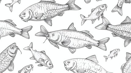 Seamless pattern with fish hand drawn with contour 