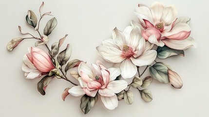 White magnoilia flowers and pink pastel pioneers with green and light brown leaves, layered to form a circle, watercolor style, Generate AI.
